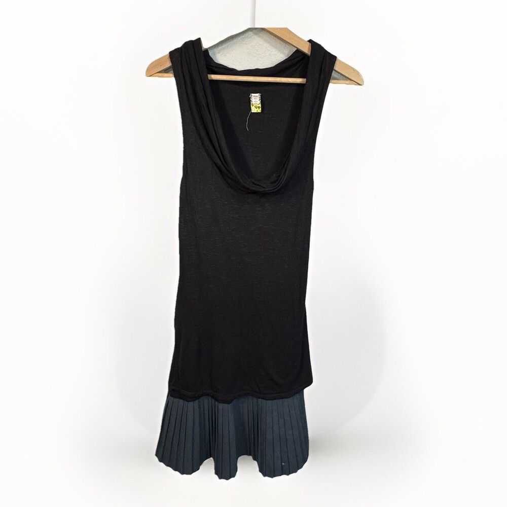 VTG Y2K Free People Dress Black Slub Cowl Neck Pleated Skirt Mini Grunge Size S